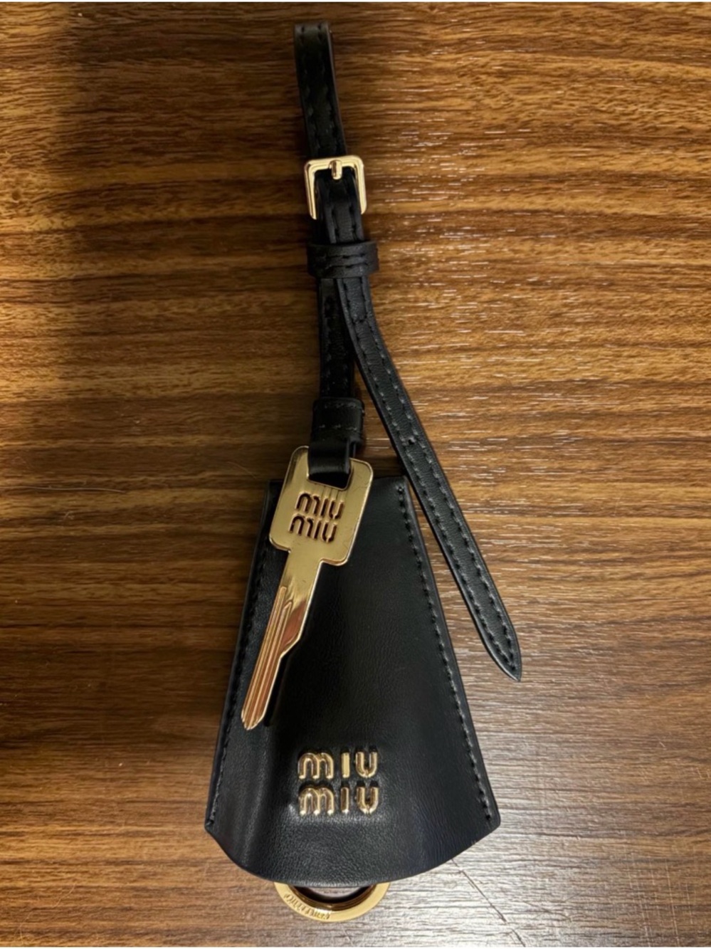 Miu Miu Black Leather Key Fob with Gold-Tone Key Accent